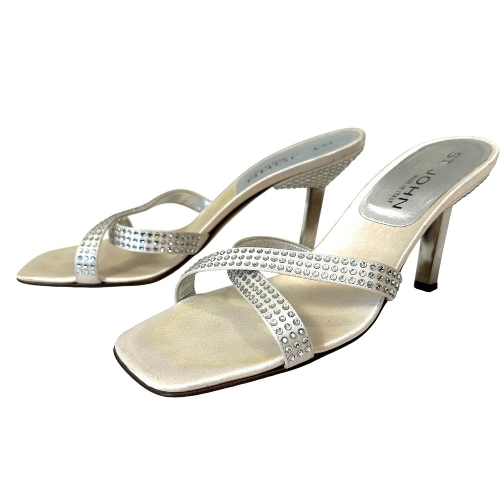 VTG St John Champagne Satin‎ Rhinestone Square Toe Heels Sandals 7B Formal Y2K